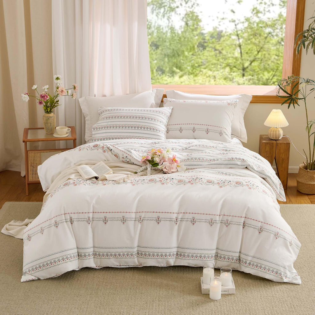 White Boho Duvet Cover Queen Reversible Floral Striped Bedding