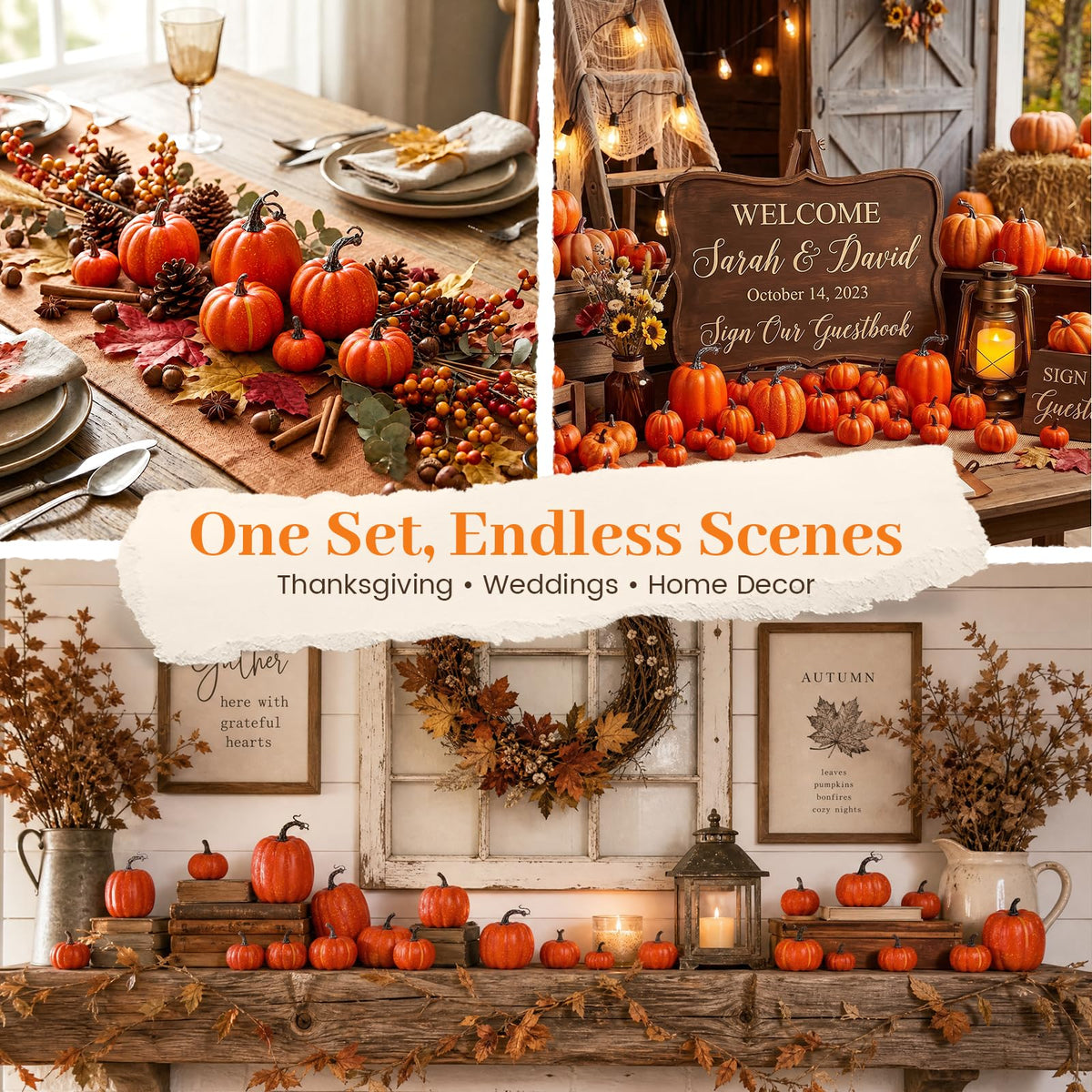 14 PCS Pumpkin Decor, Artificial Foam Fake Orange Pumpkins