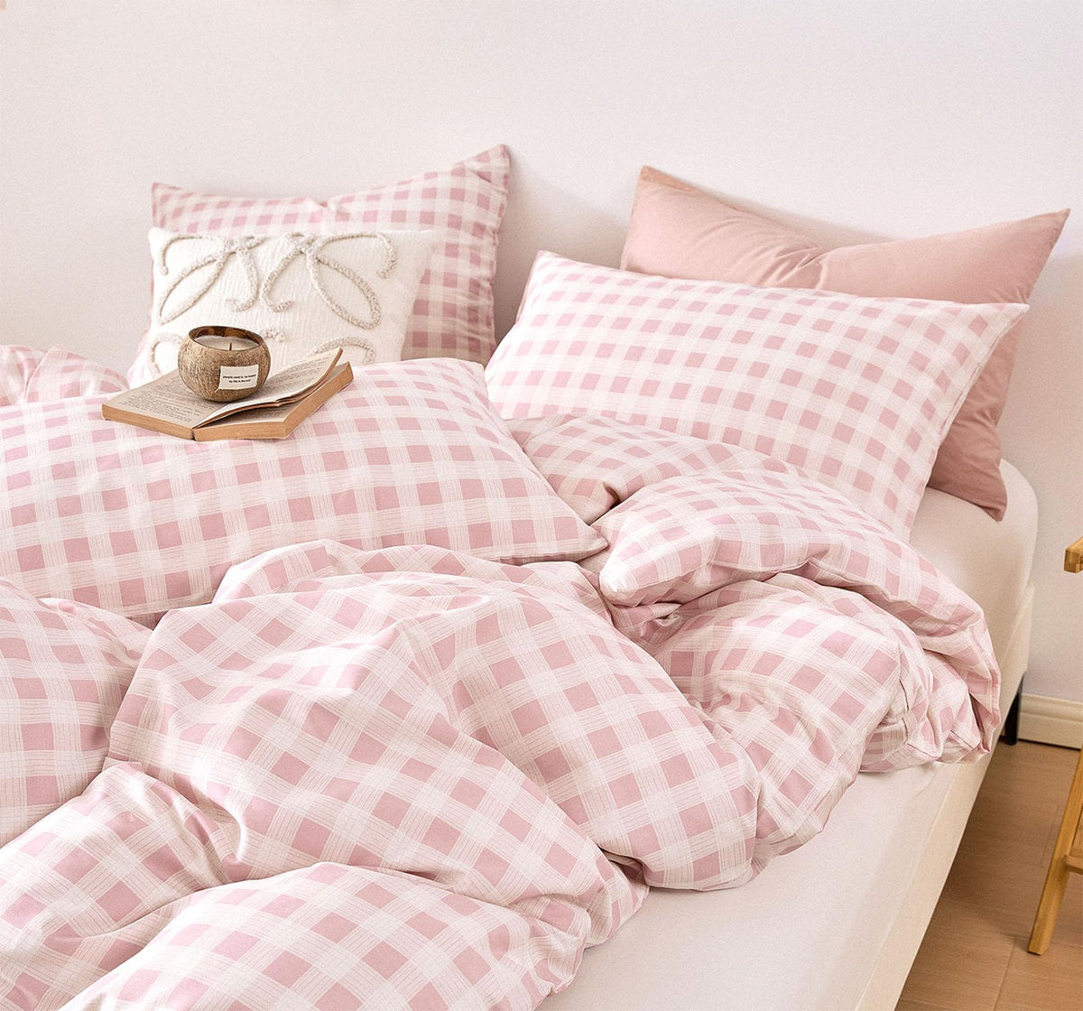 Cottage Gingham 100% Cotton Duvet Cover 3PC - Sweet Blush Pink & Soft White Mini Check Pattern, Modern