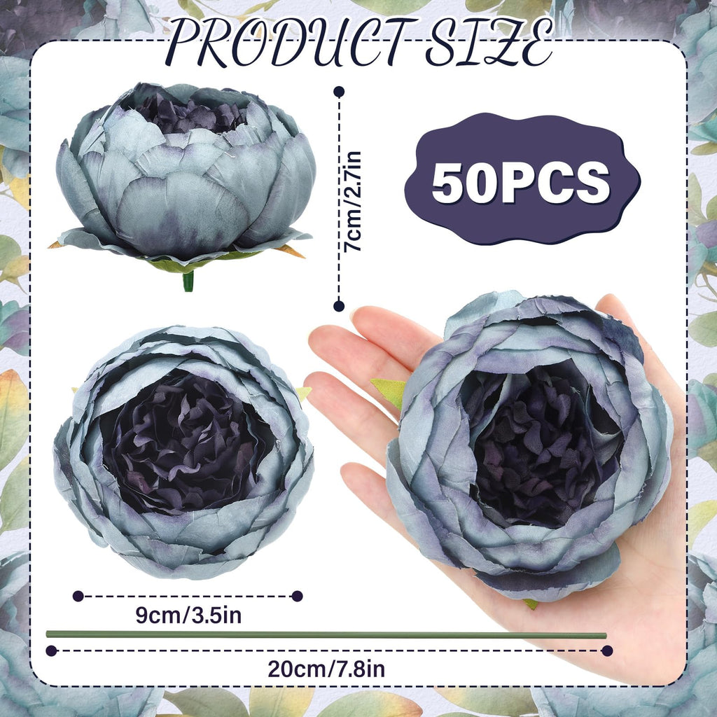 50 Pcs Artificial Peony Flower Heads 3.5 Inch with Stem, Gray-Blue