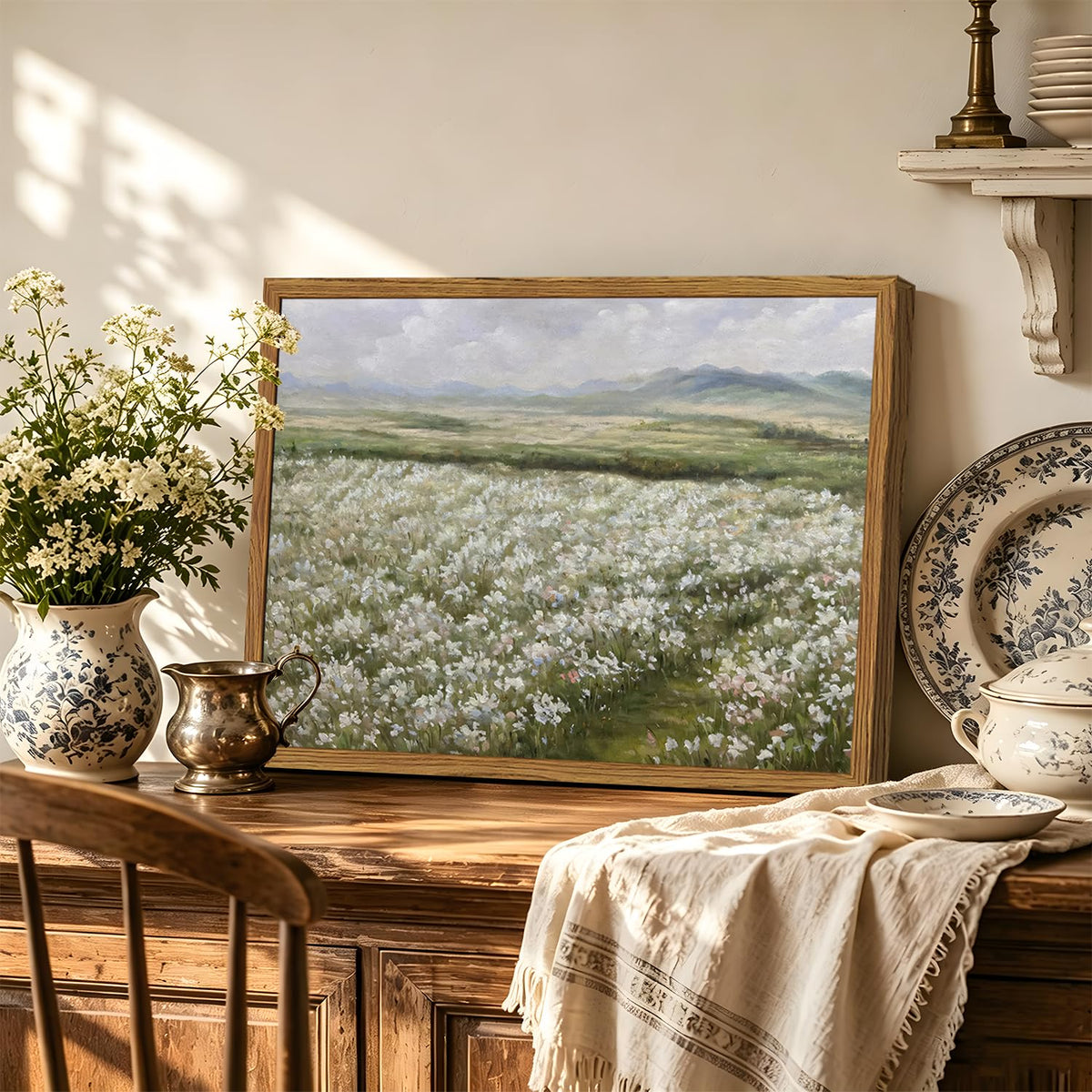 Framed Vintage Landscape Wall Art, Country Wildflower Field Pictures Wall Decor, Rustic Nature Flower Paintings