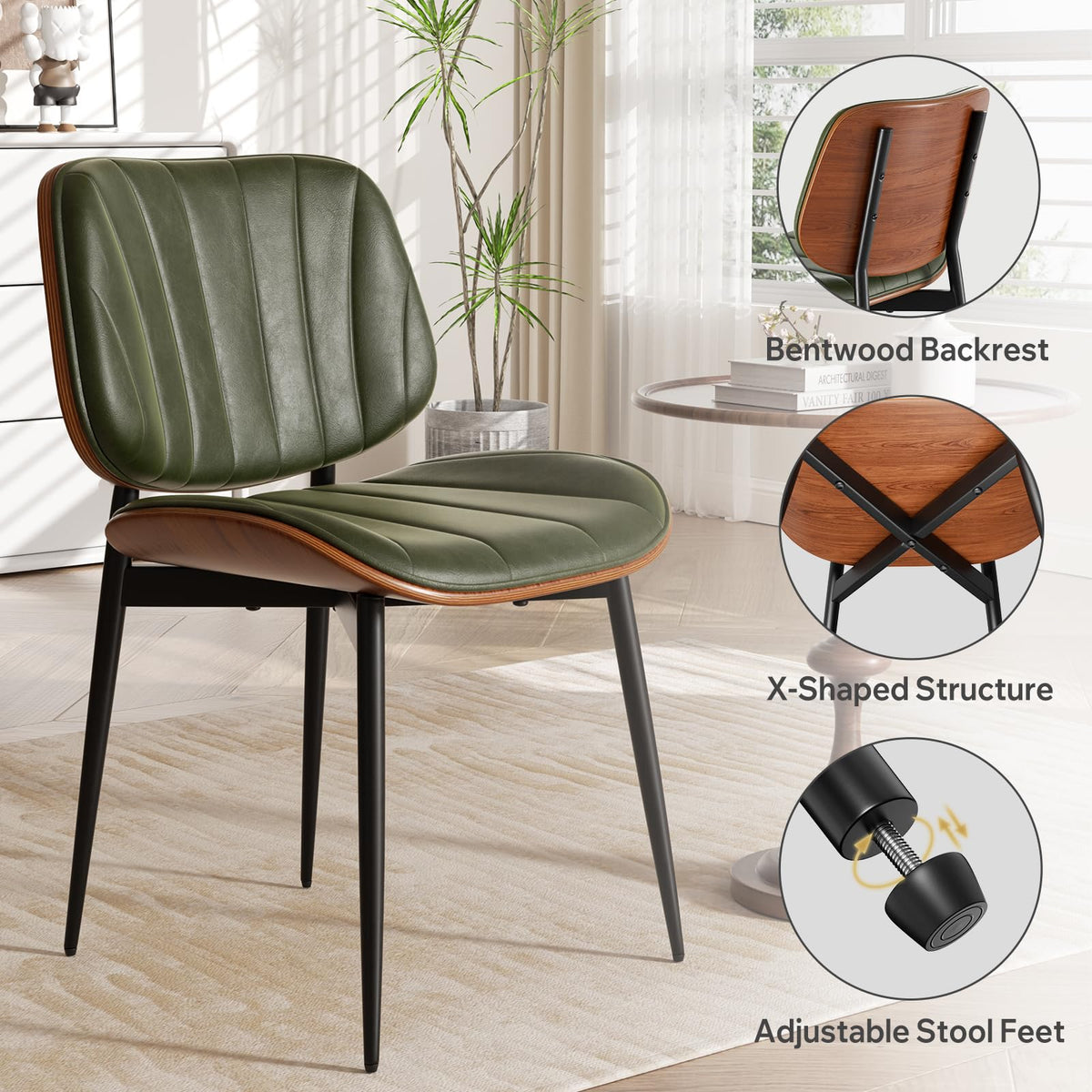 Dining Chairs Set of 6, Mid Century Modern Dining Room Chair, Upholstered Faux Leather Kitchen Chairs with Walnut
