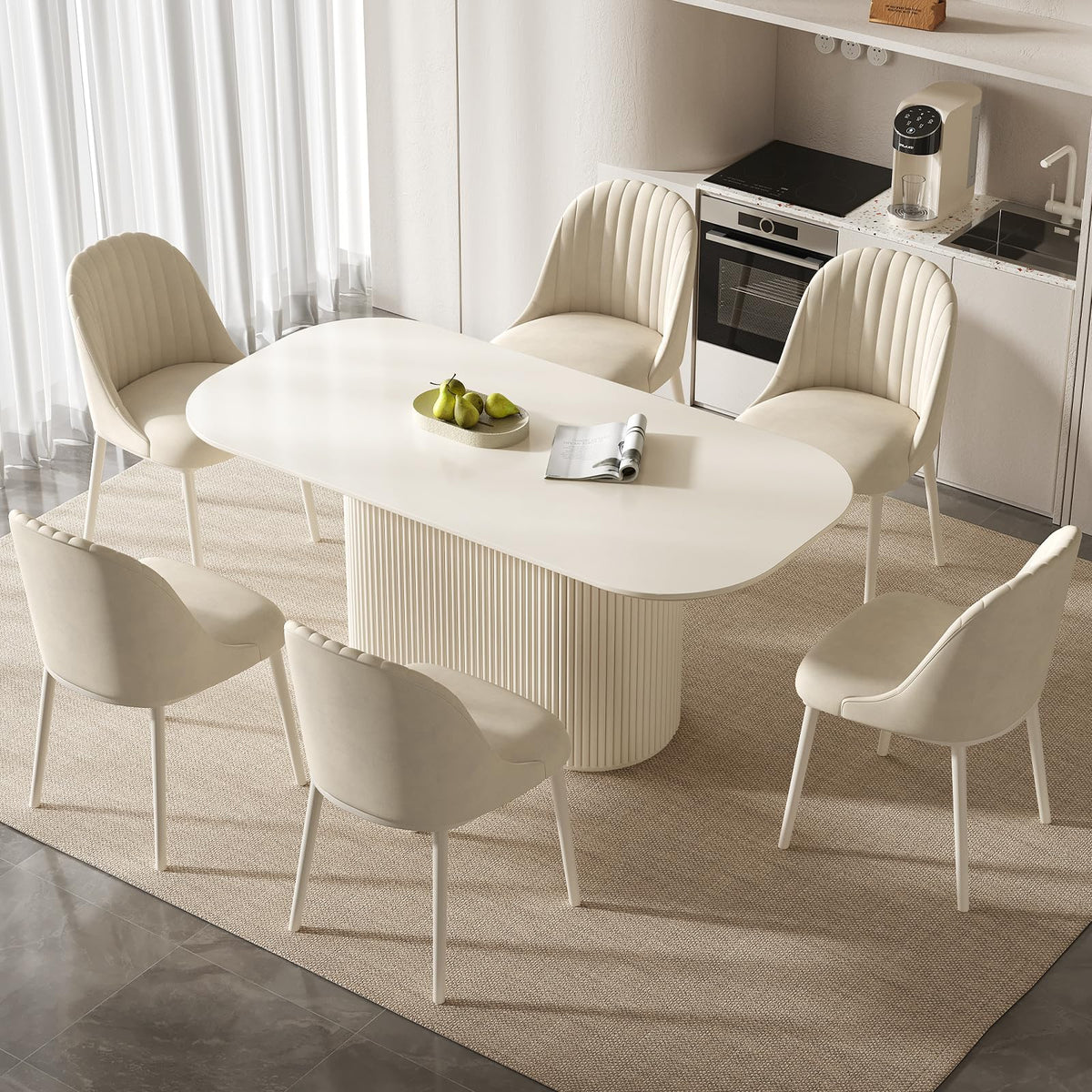 70" White Dining Table Set with 6 Chairs, Oval Kitchen Set