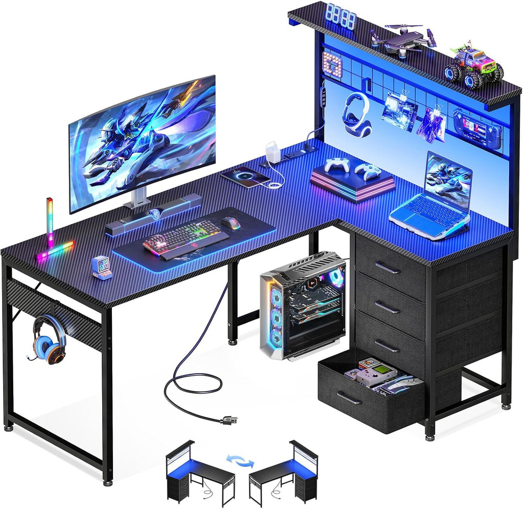 43" L Shaped Gaming Desk with Shelf & 4 Drawers, Black Carbon Fiber