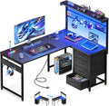 43" L Shaped Gaming Desk with Shelf & 4 Drawers, Black Carbon Fiber