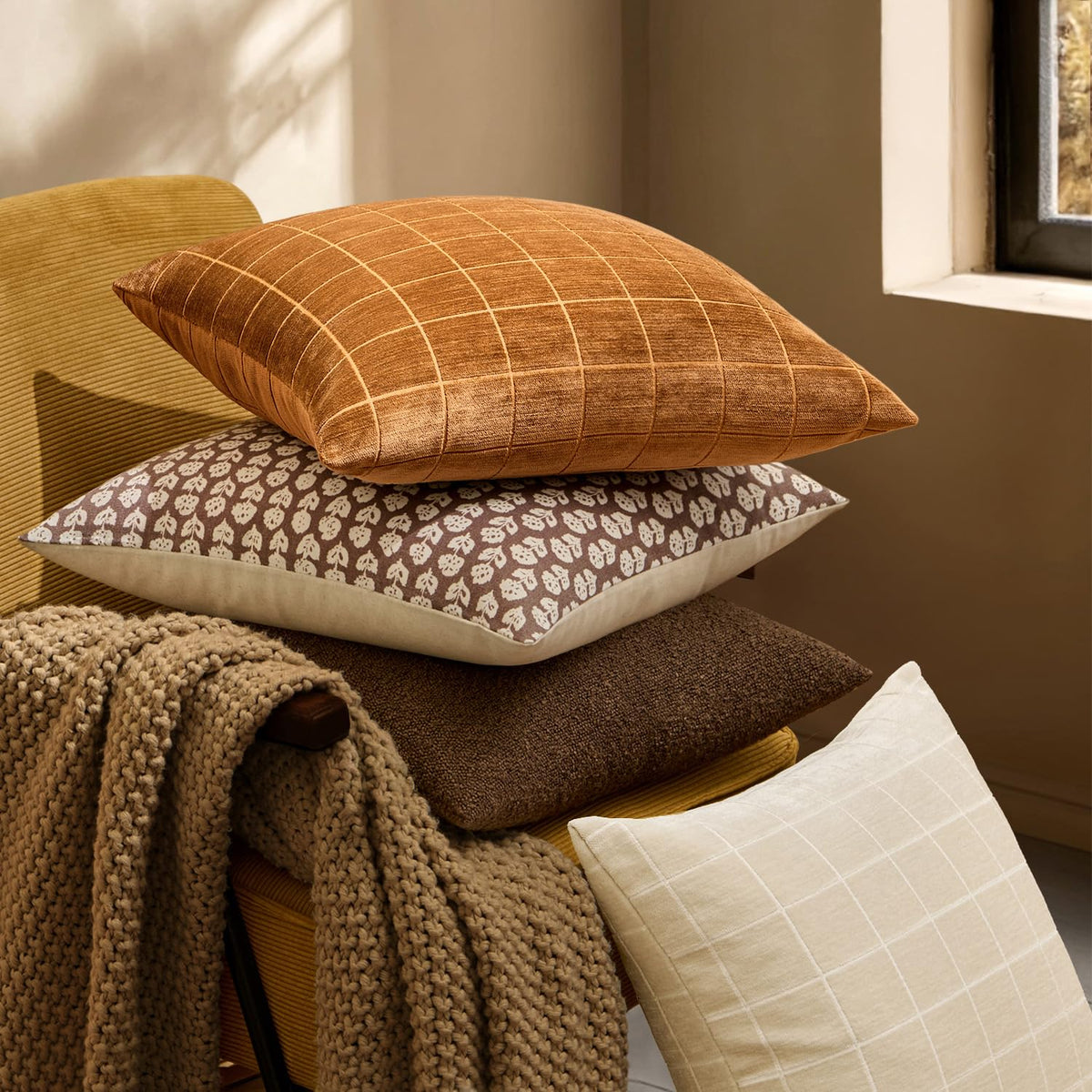 Bronze Plaid Decorative Fall Throw Pillow Covers 18x18 Set of 2