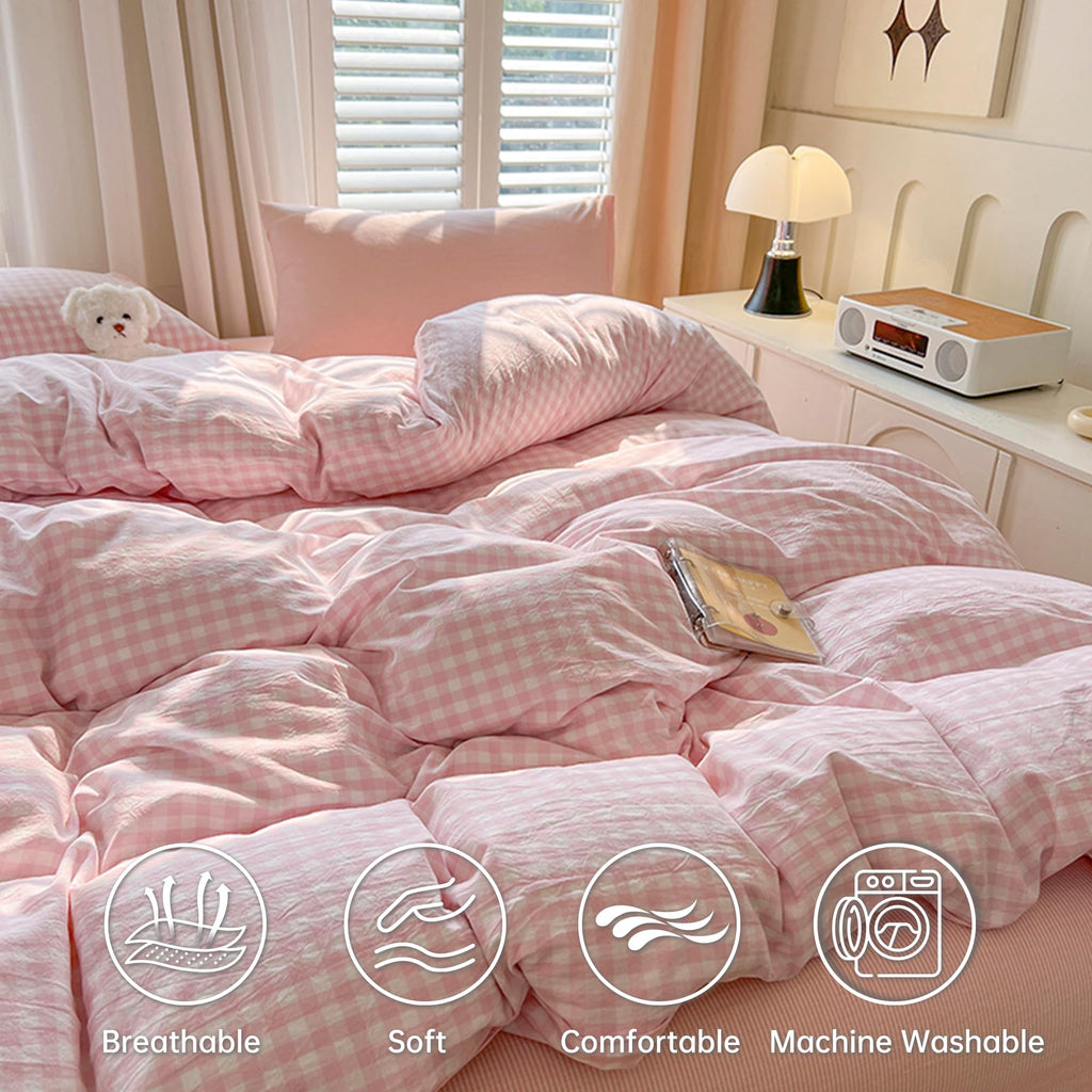 Pink Gingham Duvet Cover Set, Plaid Checkerd Bedding Set