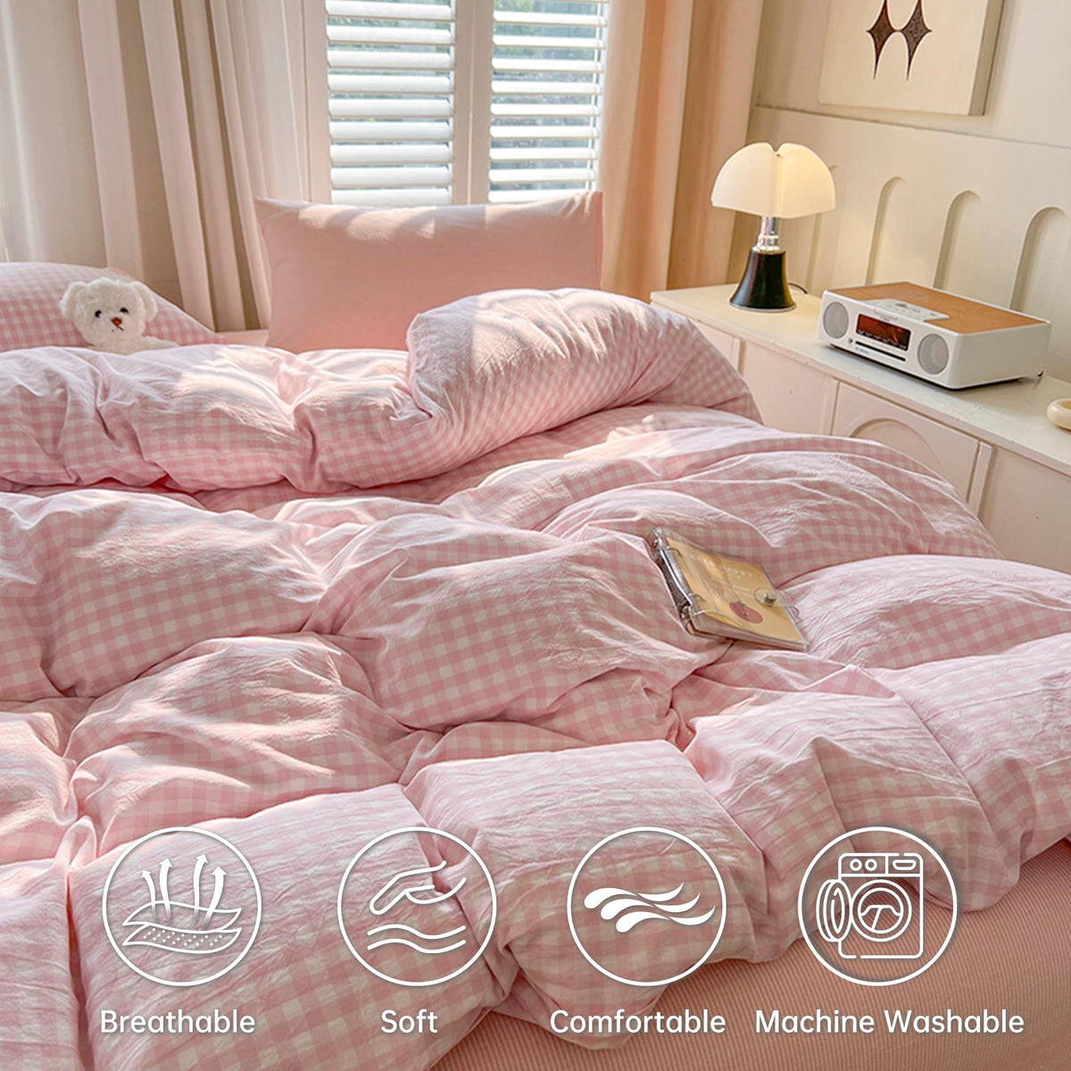 Pink Gingham Duvet Cover Set, Plaid Checkerd Bedding Set