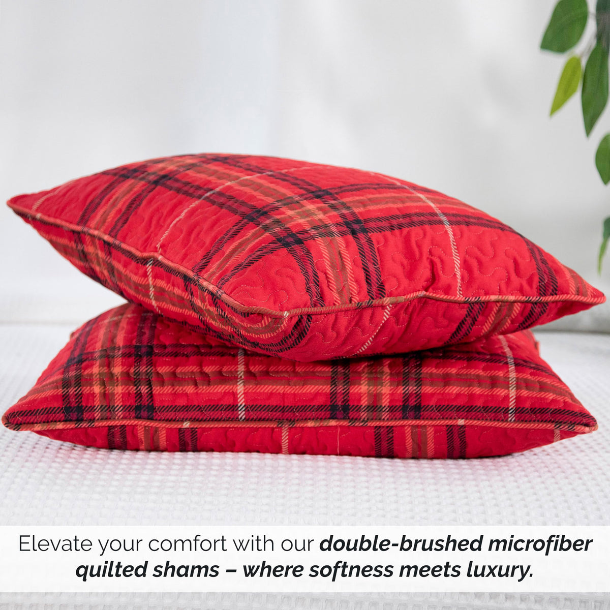 Euro Quilted Pillow Shams Covers 26x26 Inch, Set of 2 Vilano Plaid Red