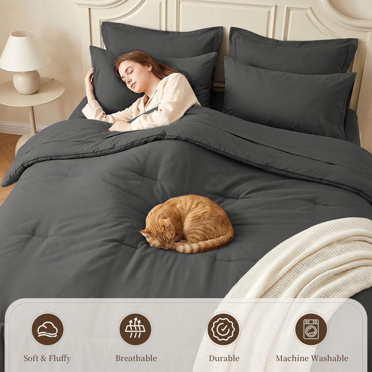 Comforter Set 7 Piece with Lightweight Comforter, Dark Gray