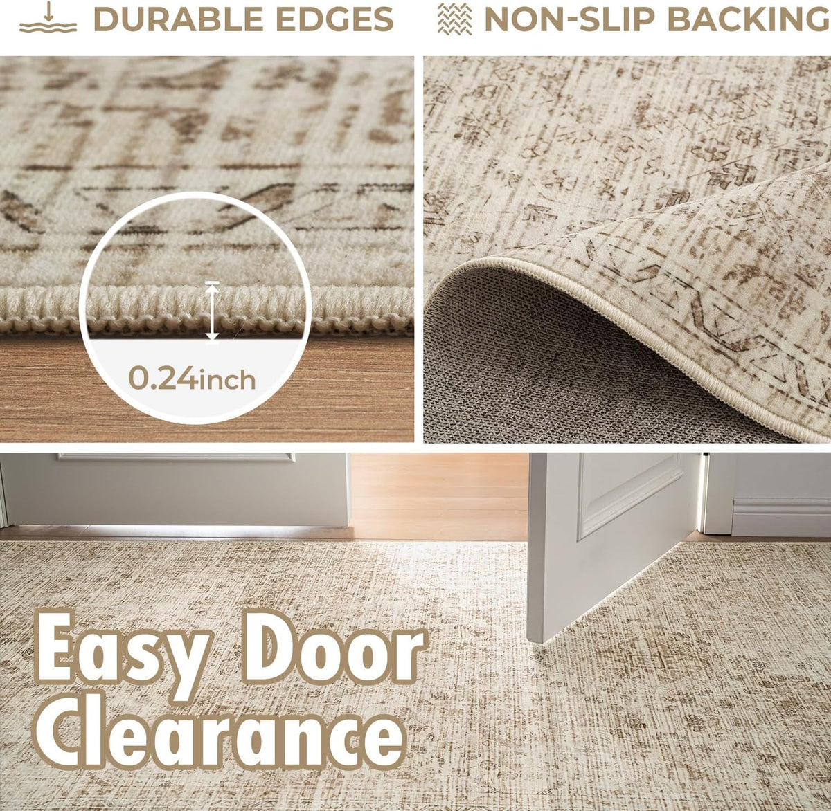 Vintage Washable Area Rugs Living Room Rug Low Pile Boho Floor Mat