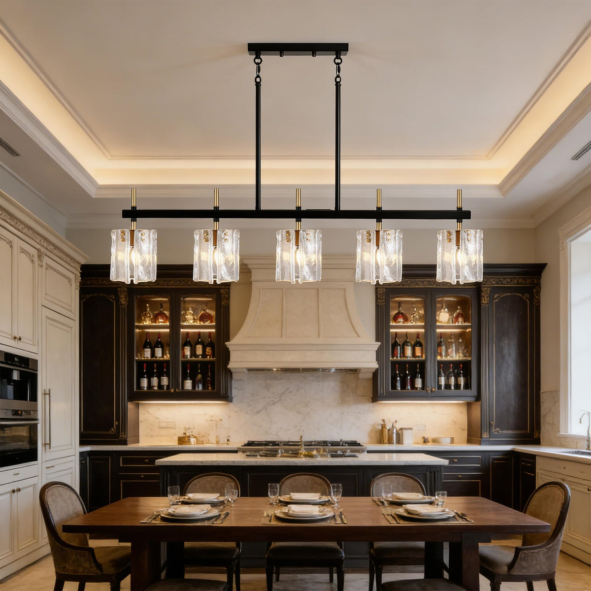 Rectangular Dining Room Light Fixture 42"L Black and Gold Glass Linear Chandeliers Over Table, Farmhouse