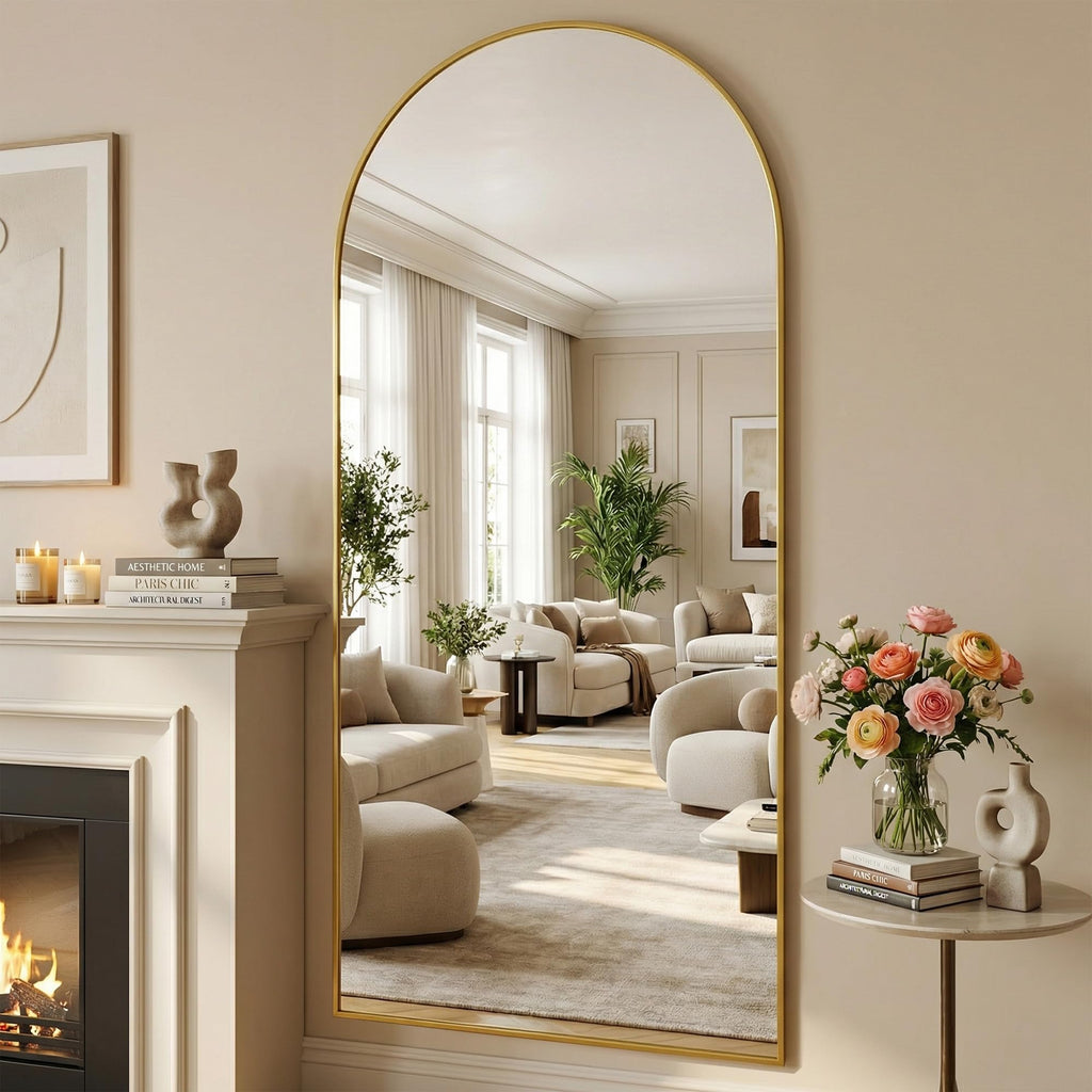 81"x41" Arched Full Length Mirror with Stand, Gold Floor Mirror