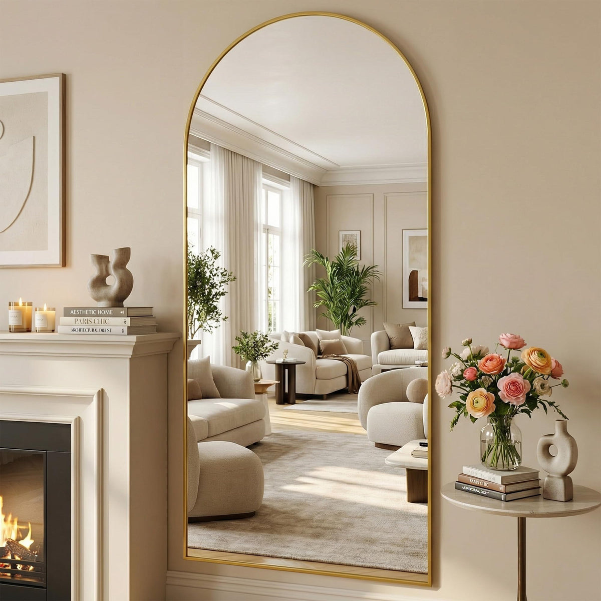 81"x41" Arched Full Length Mirror with Stand, Gold Floor Mirror