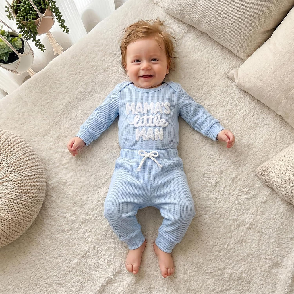 Waffle Knit Baby Boy Clothes Letters Embroidered Romper Pants Set