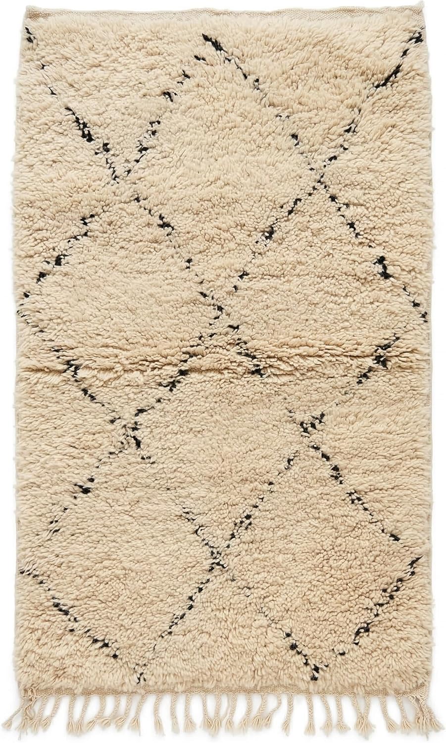 Handmade Moroccan Berber Area Rug 6' x 9', 100% Wool High Pile Shag, Ivory/Cream with Charcoal Broken Diamond Pattern