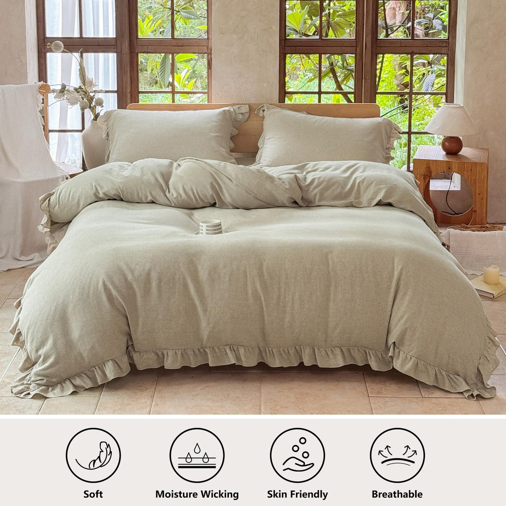 100% French Flax Linen Ruffled Duvet Cover Set, Linen