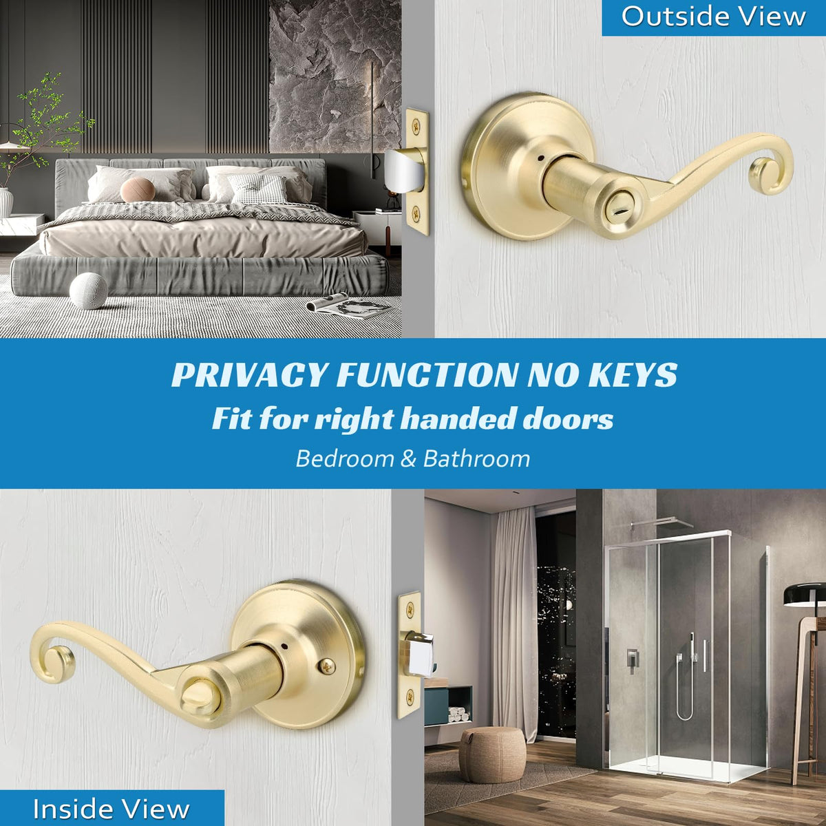 5 Pack Gold Door Handles, Wave Style Brass Privacy Door Lever