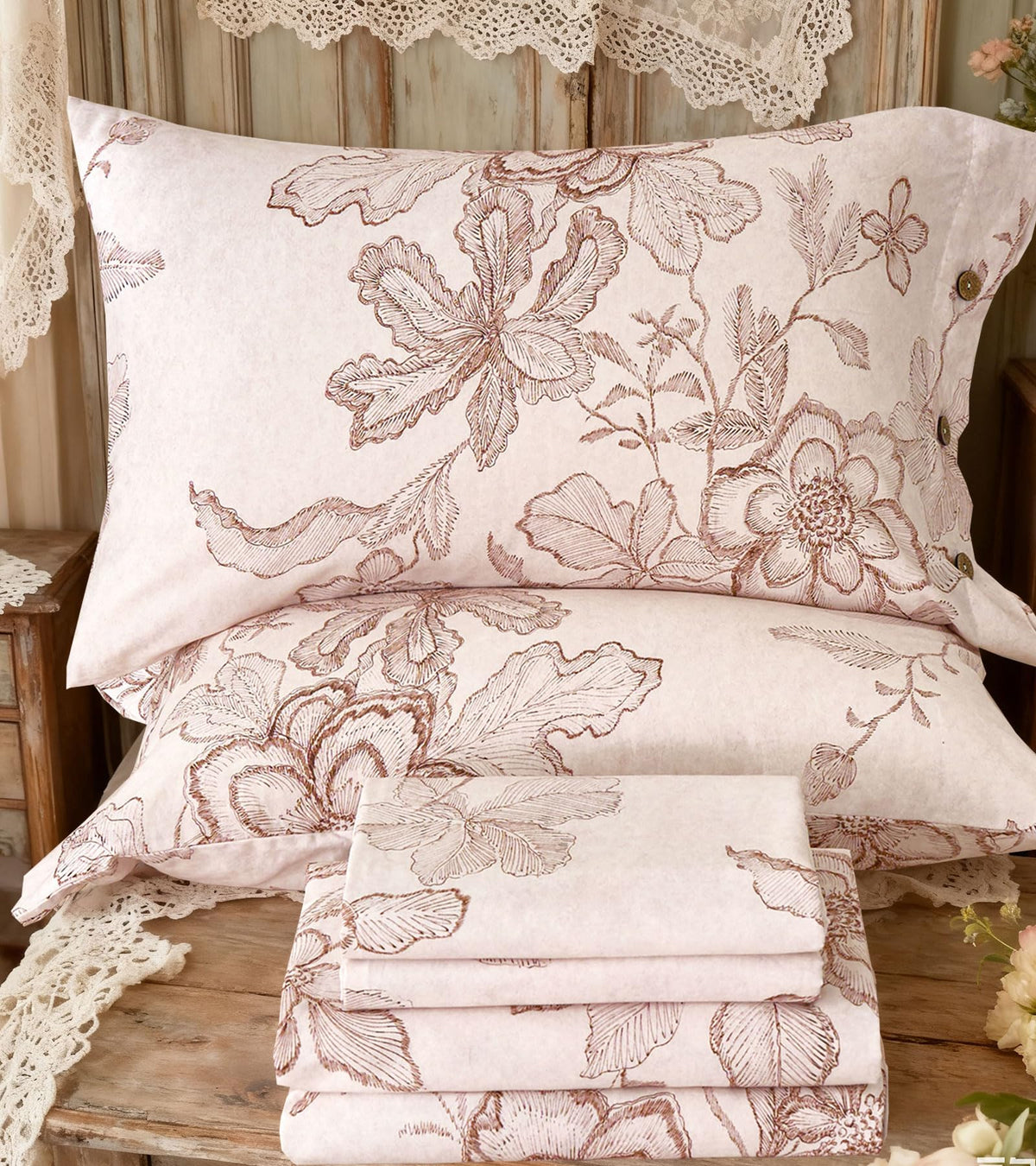 Sheets Pink Floral Sheet Set 400TC 100% Cotton Flannel-Like Warm Luxury Bed Sheet Set 4Pcs, Button Closure