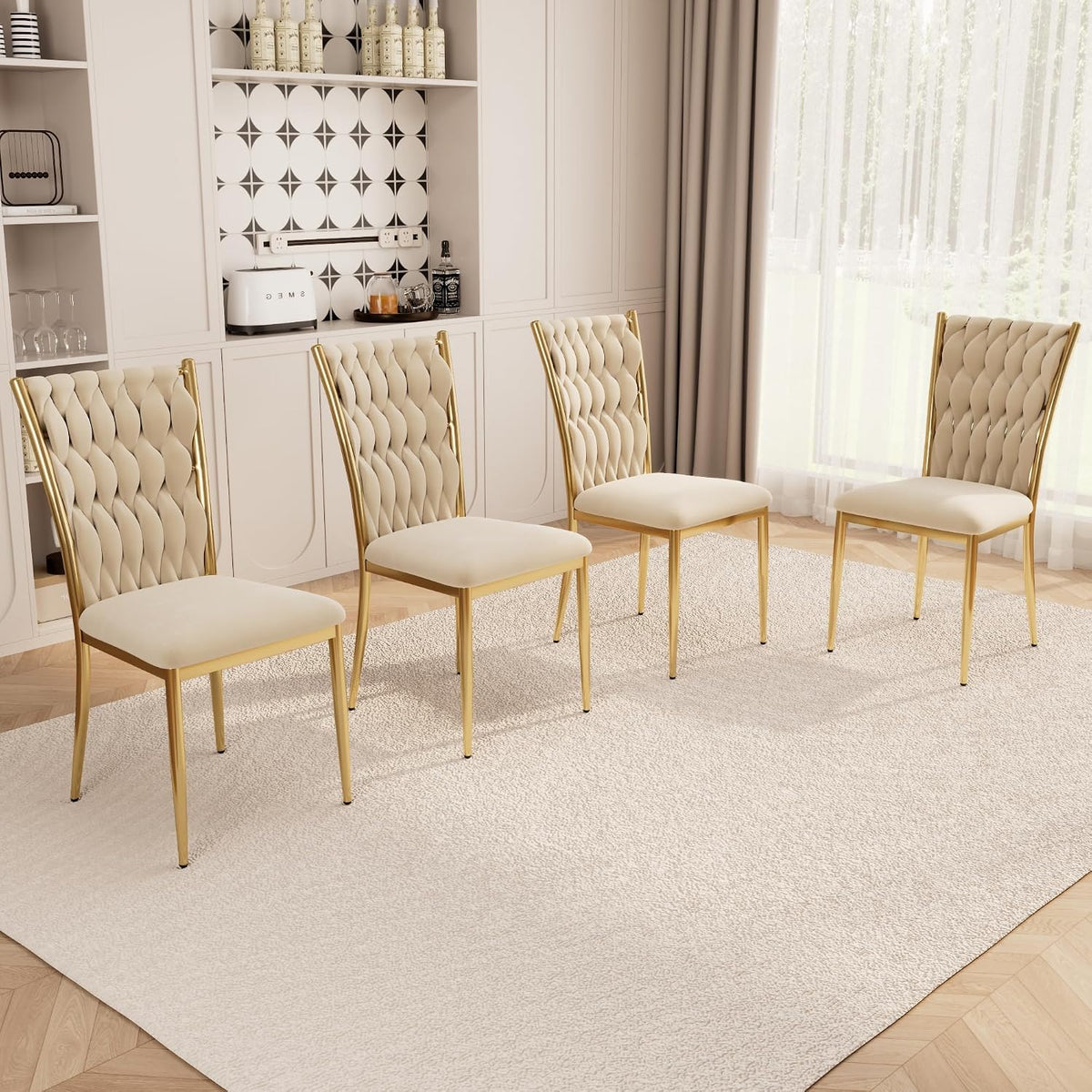 Velvet Dining Chairs Set of 4, Modern Woven Kitchen Chairs with Gold Metal Legs, Upholstered Cushion with High Back