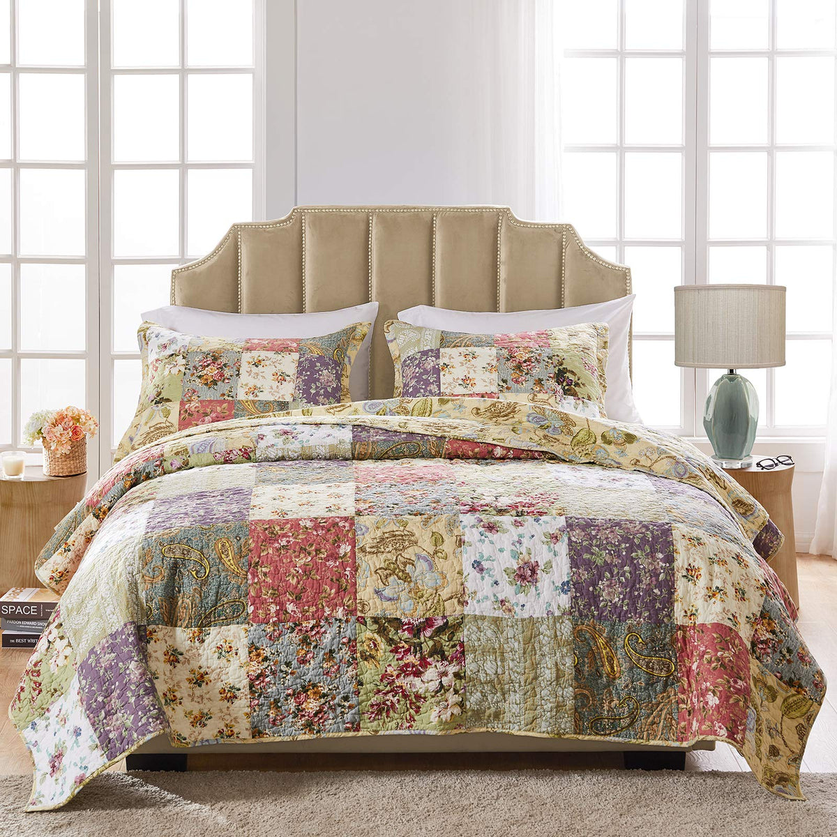 Home Blooming Prairie 100% Cotton Authentic Patchwork Reversible Quilt Set, 3-Piece