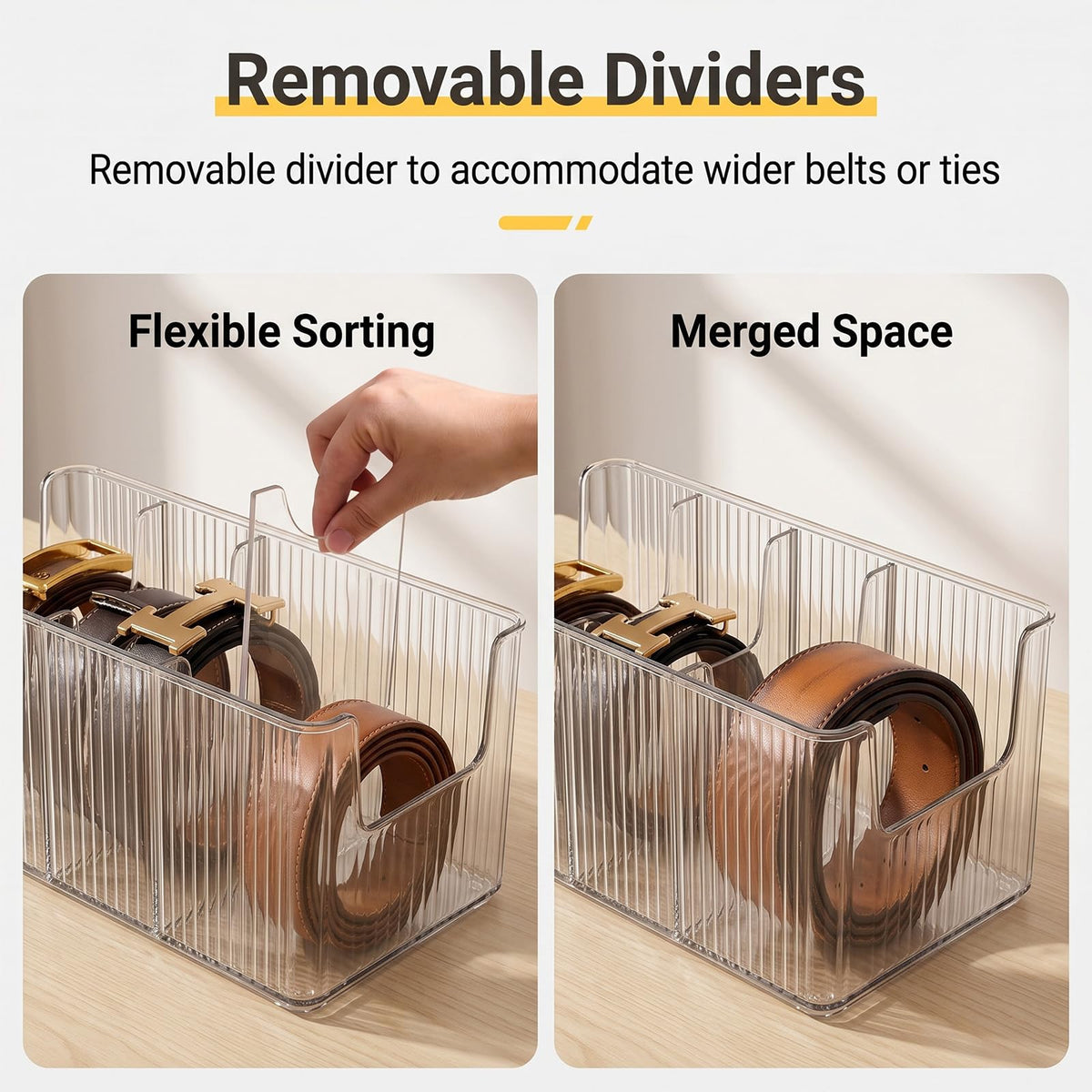 Acrylic Belt Organizer, 2 Pack Clear Belt Storage Box with 4 Adjustable Compartments, Stackable Durable Acrylic Belt