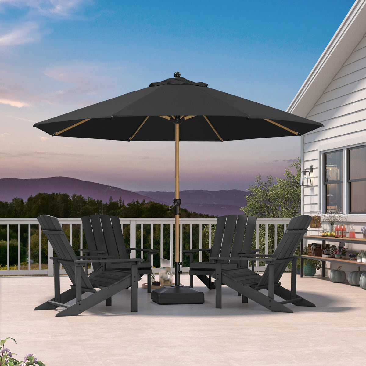 Outdoor Umbrella 11Ft Market Table Wood-Grain Finish, Black