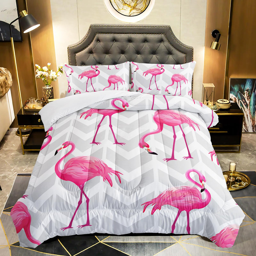 Flamingo Comforter Set - Tropical Geometric Stripe Bedding Set with 1 Comforter and 2 Pillowcases