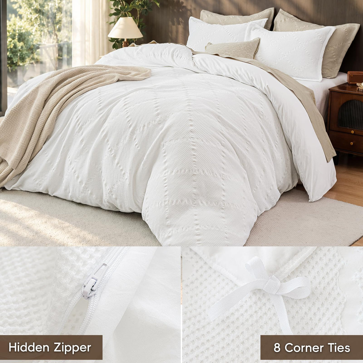 Luxury Textured Waffle Weave Duvet Cover Set, White