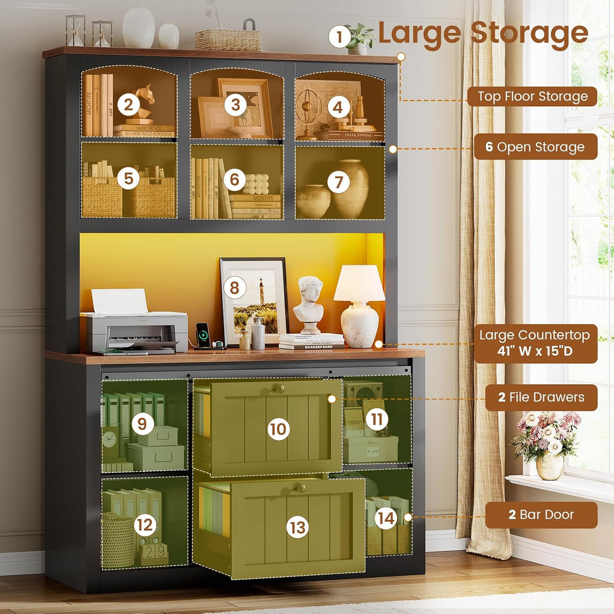 2 Drawer File Cabinet with Power Strip, 41" Farmhouse Filing Cabinet fits Legal, Letter, A4 Size Files , Printer