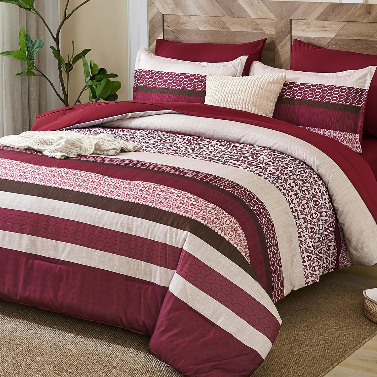 Burgundy Striped Patchwork King Comforter Set, 7-Piece Boho Set