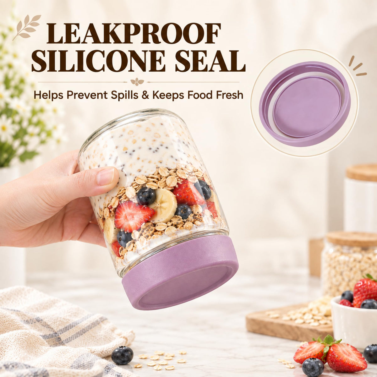 Overnight Oats Containers with Lids 16 oz Glass Jars 6 Pack Glass Mason Jars with Airtight Lids, Perfect for Oats