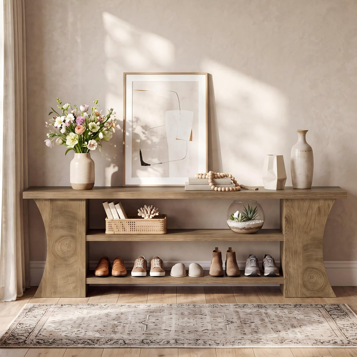 63" Entryway Bench with Shoe Storage, Farmhouse End of Bed Bench