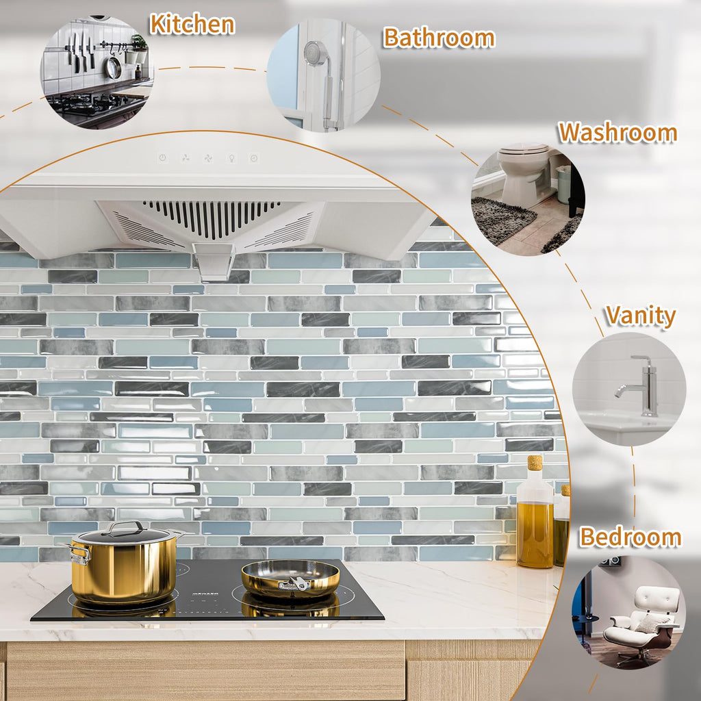 10-Sheet Peel and Stick Backsplash Tile , Back Splash Stick On Tiles Wall (Grey and Blue)