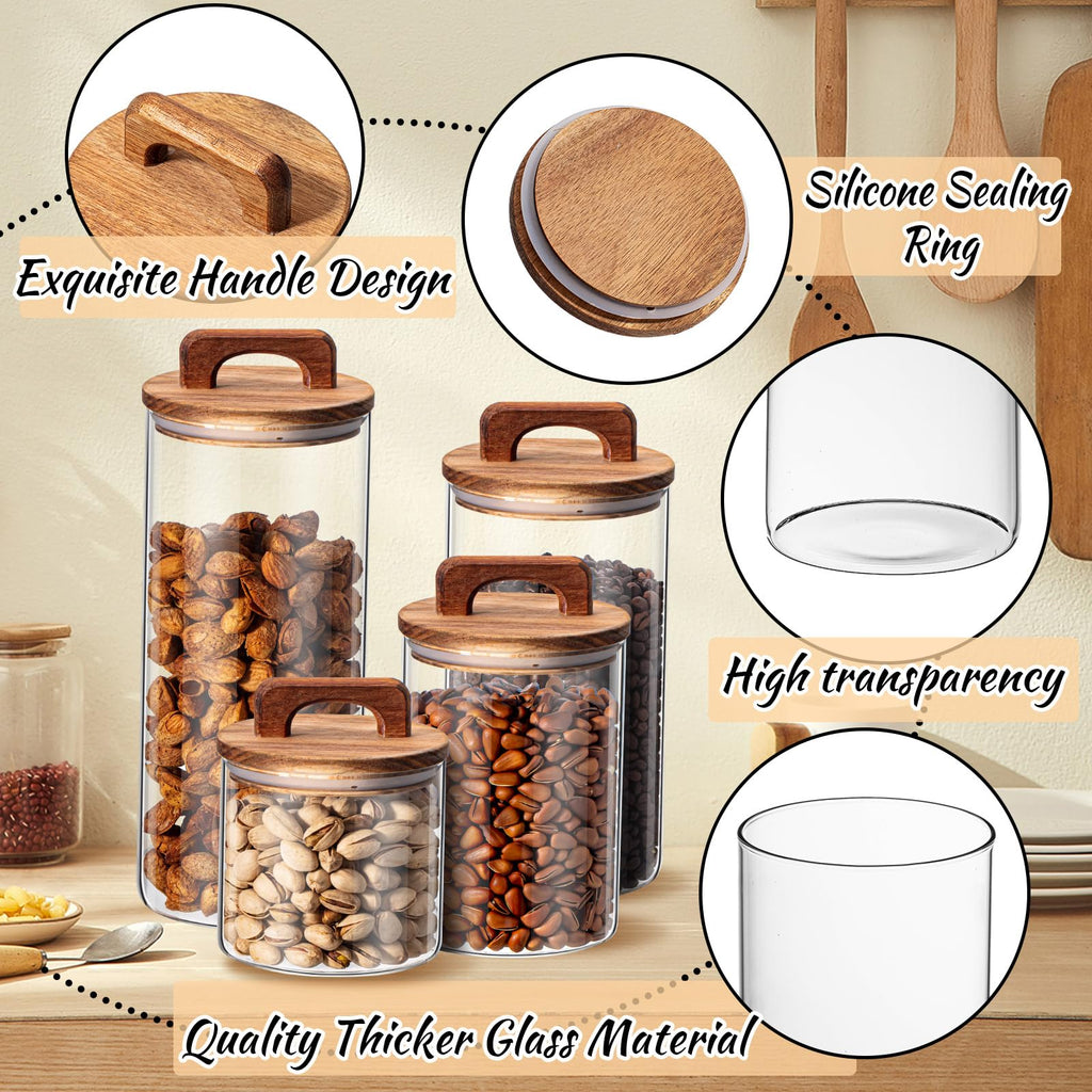 4 Pcs Glass Canisters with Wooden Airtight Lids, Cylindrical