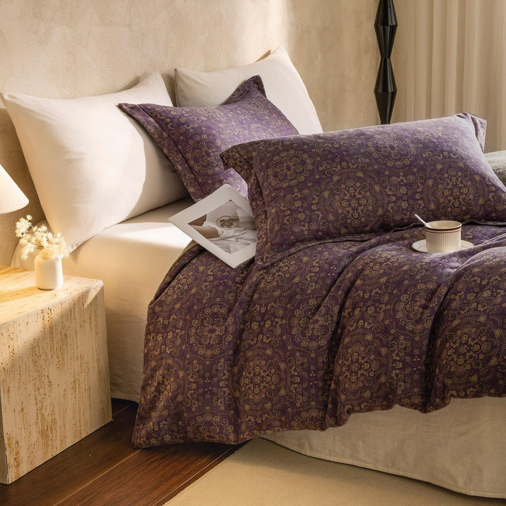 Purple Green Duvet Cover Queen, 3 Pieces Retro Boho Medallion Jacquard Flower Bedding Set, Linen Cotton Yarn-Dyed