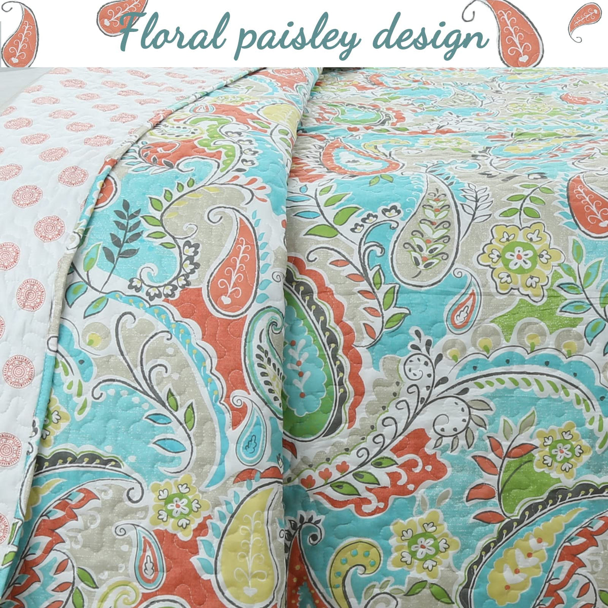 Turquoise Blue Coral Floral Leaf Reversible Quilt Bedding Set, Coverlet Bedspread Lightweight for All Seasons (Mirage