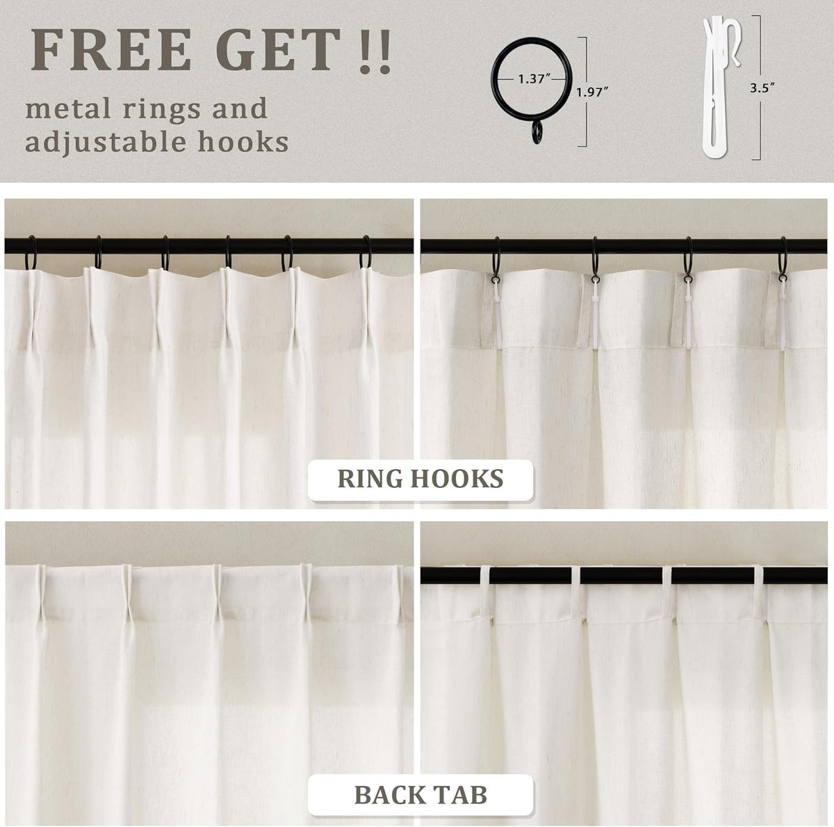Natural Pinch Pleated Linen Curtains 72 Inches Long 72 Inch Wide | Semi Sheer Light Filtering, Shower Curtain 72x72