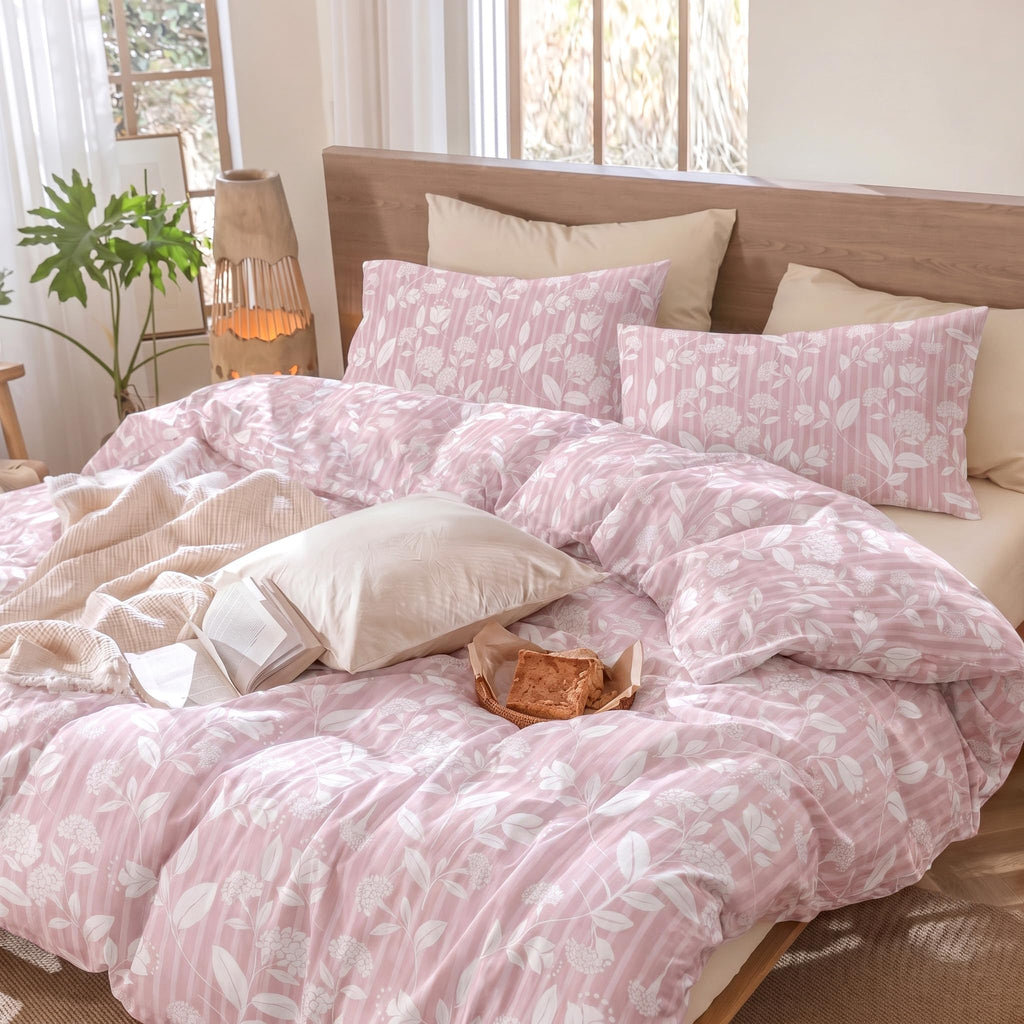 Pink Floral Duvet Cover Set, Blush Pink Leaf Floral Stripe Duvet Cover Set, 3 Piece 100% Cotton Soft
