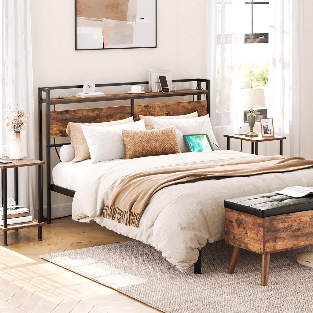 Headboard, Headboard with 2 Outlets and 4 USB Ports, Adjustable Height, Storage Rack, Sturdy and Stable