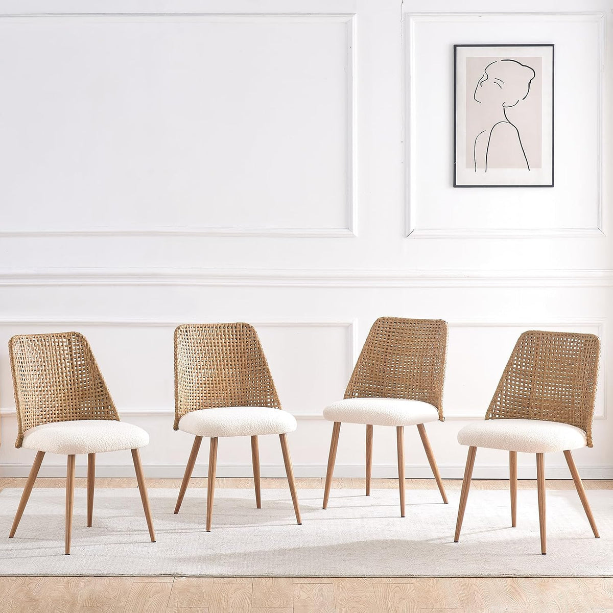 Rattan Dining Chairs Set of 4, Rattan Dining Chairs with Cane PE Rattan Backrest,Upholstered Boucle Fabric Dining