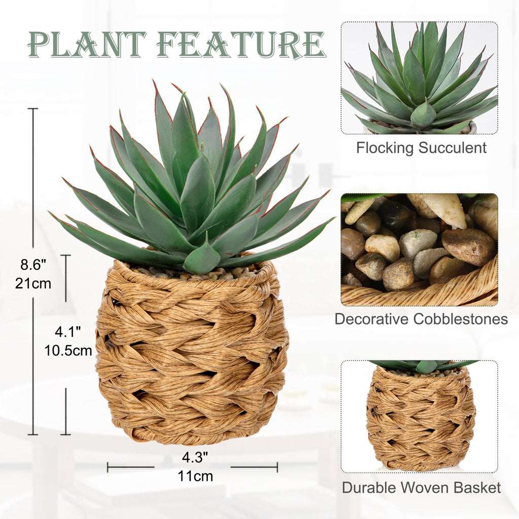 Succulents Plants Artificial Decor, Realistic Potted Fake Agave Plant in Wicker Basket, Cute Aloe Maguey Faux Plant