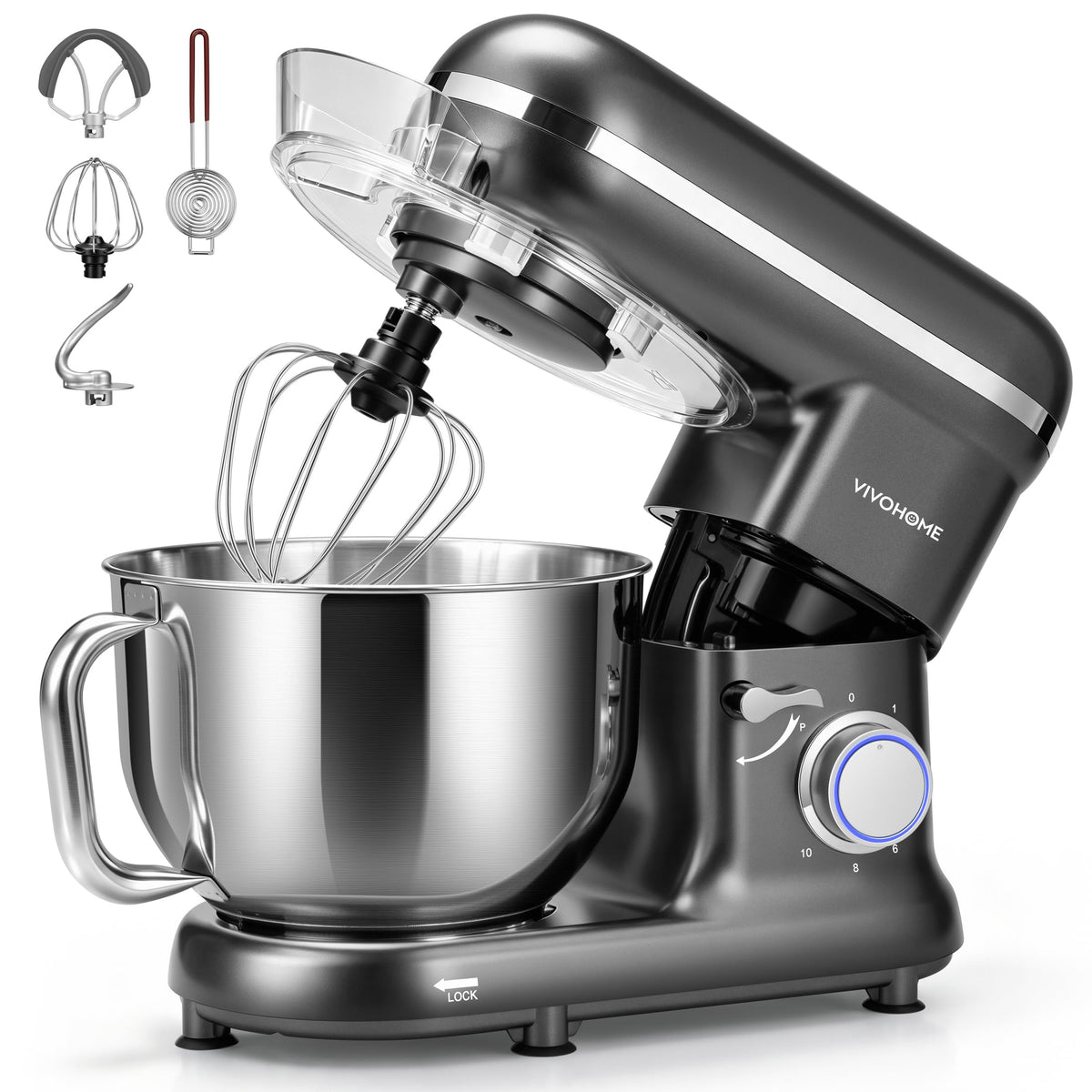 Stand Mixer, 6-Quart Tilt-Head Kitchen Mixer with Bowl, Gray
