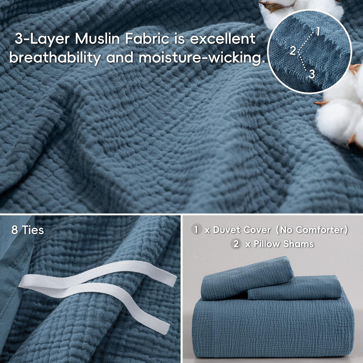 100% Cotton Muslin Duvet Cover, 3-Layer Guaze Ultra Soft Breathable Textured Linen Like, 3pcs Bedding