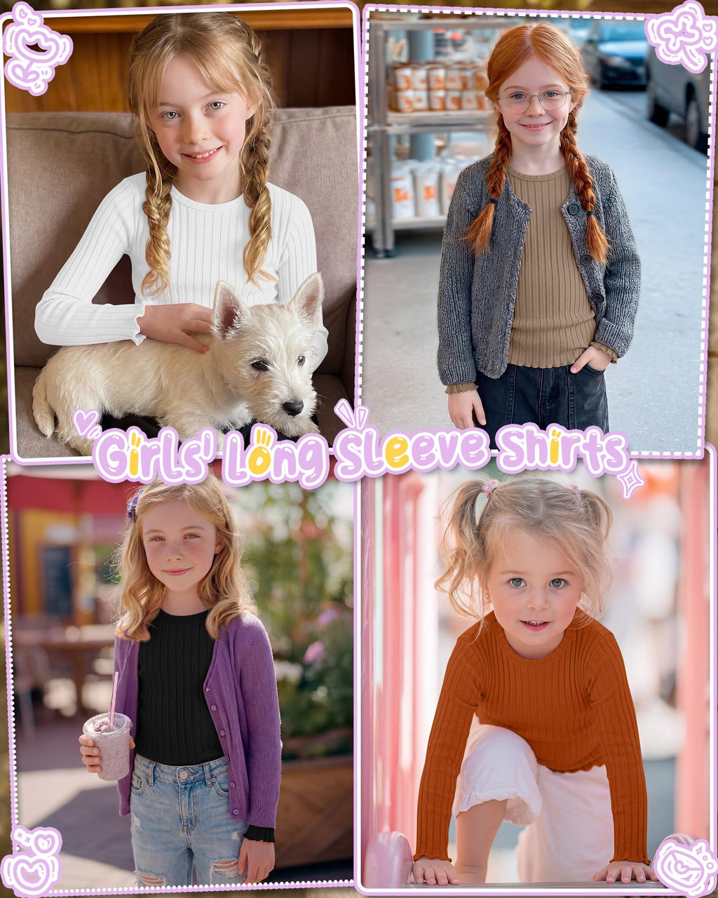4 Pack Toddler Girls' Long Sleeve Shirts Cotton Tops 4Color