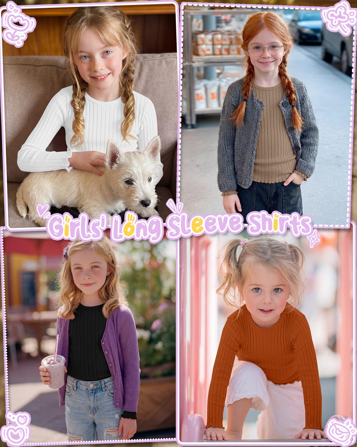 4 Pack Toddler Girls' Long Sleeve Shirts Cotton Tops 4Color