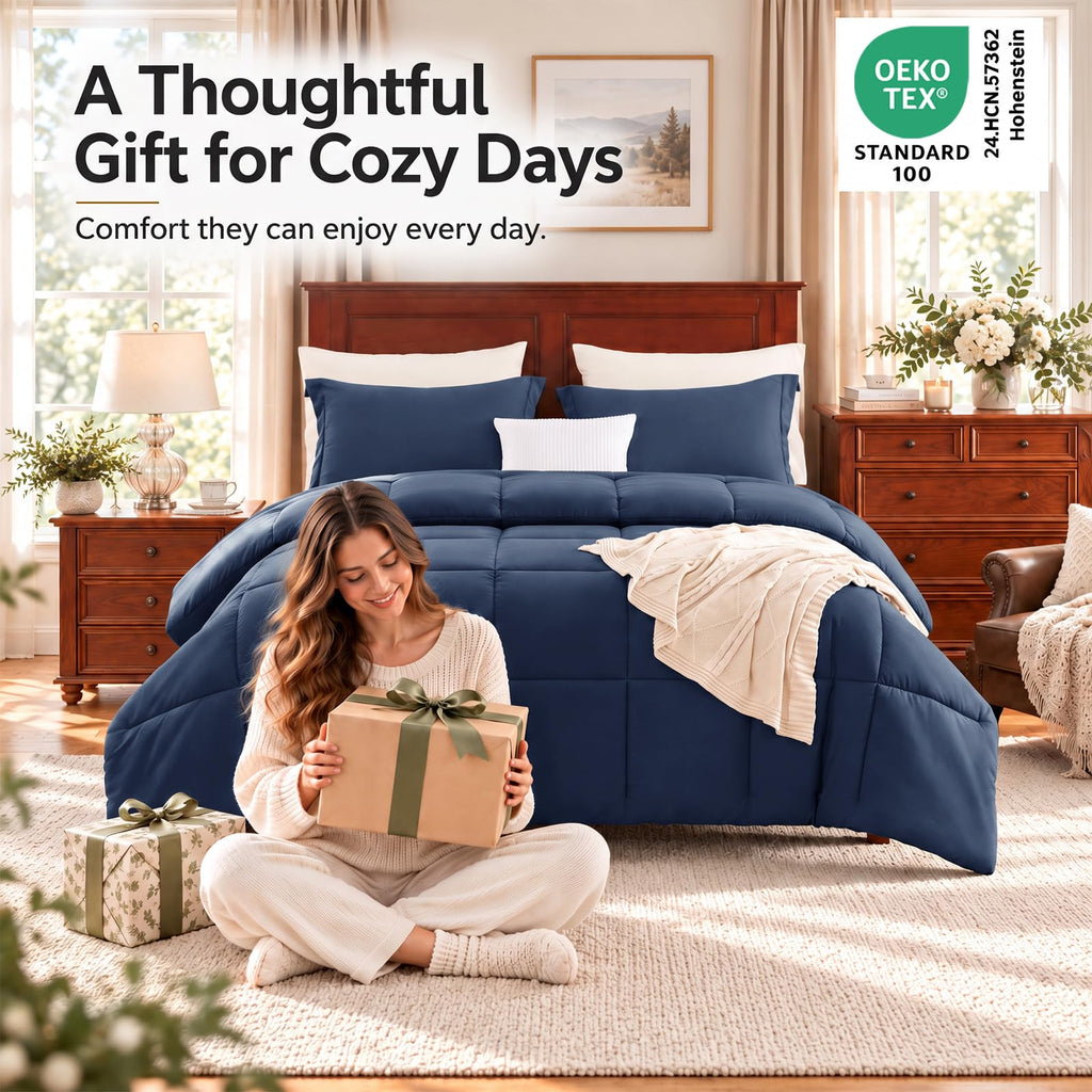 Comforter Set, 3-Piece Box-Stitched, Navy Blue