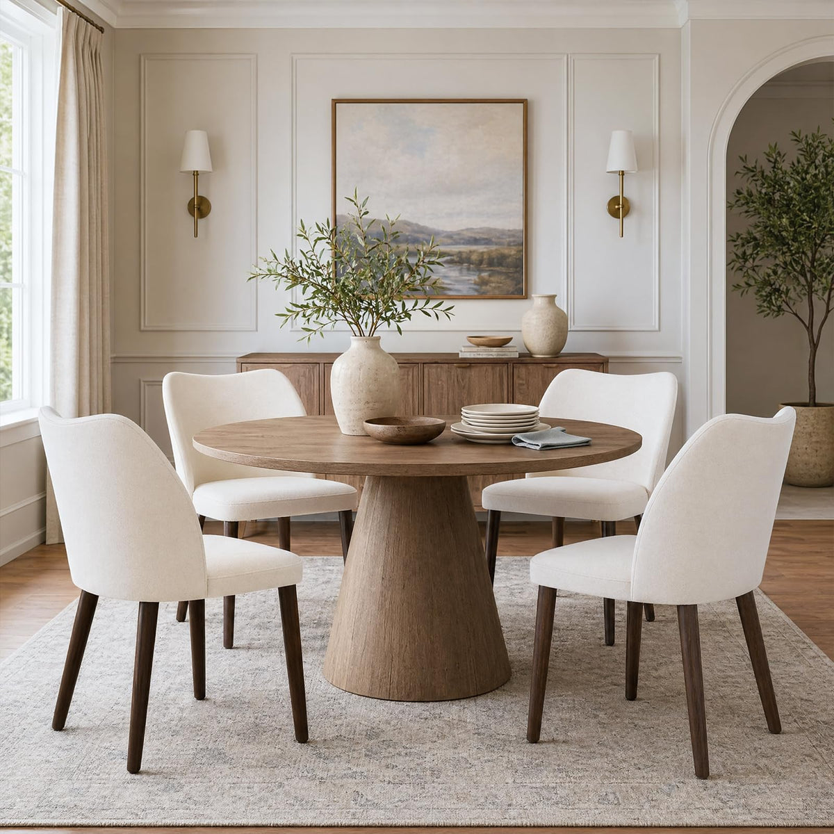 Upholstered Set of 4, Modern Kitchen & Dining Room Chairs with Curved Back, Fabric Padded Seat and Solid Wood Legs
