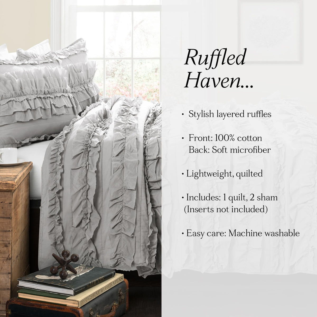 Belle Quilt 3 Piece Set Light Grey - Ruffle Bedding Set - Cute Quilt