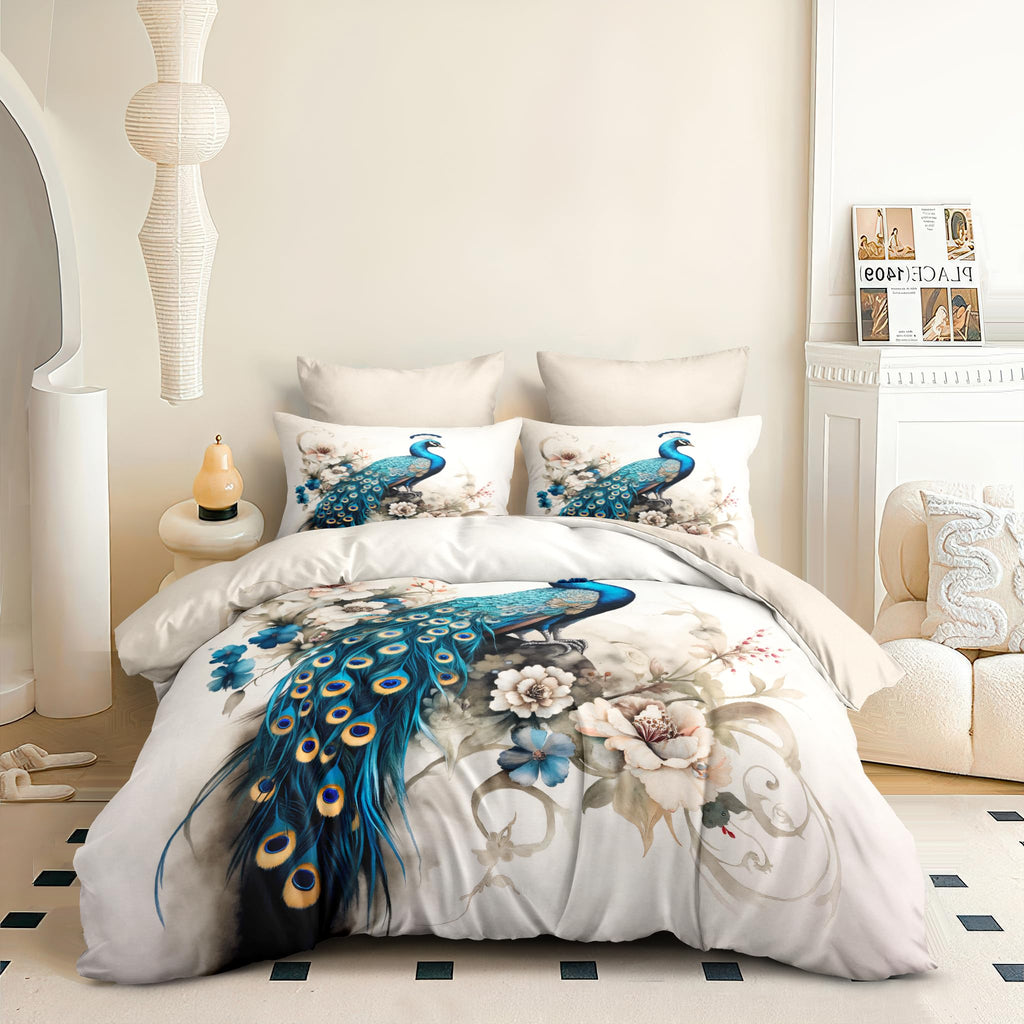 Victorian Bird Floral King Comforter Set Peacock Bedding Set for Women Girls Teal Peacock Feather Decor Quilt Set